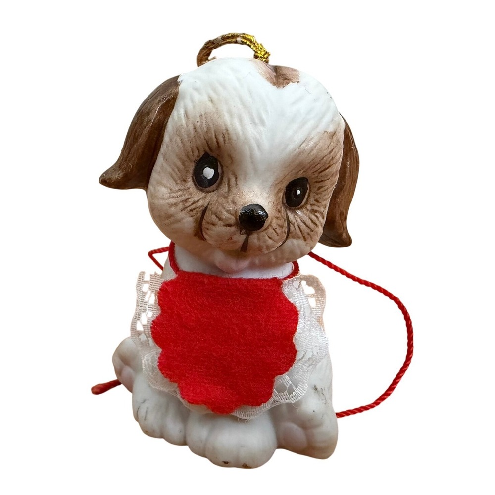 Vintage 1986 Jasco Porcelain Puppy Dog Bell Ornament Red Lace Bib Taiwan